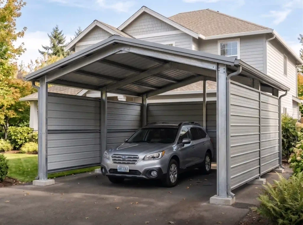 Heavy-duty metal carport structure with tubular frame, engineered to meet ASCE 7 wind and snow loads.