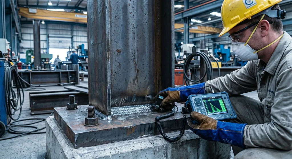 Quality control engineer measuring steel thickness with digital caliper in factory