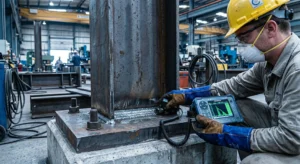 Quality control engineer measuring steel thickness with digital caliper in factory