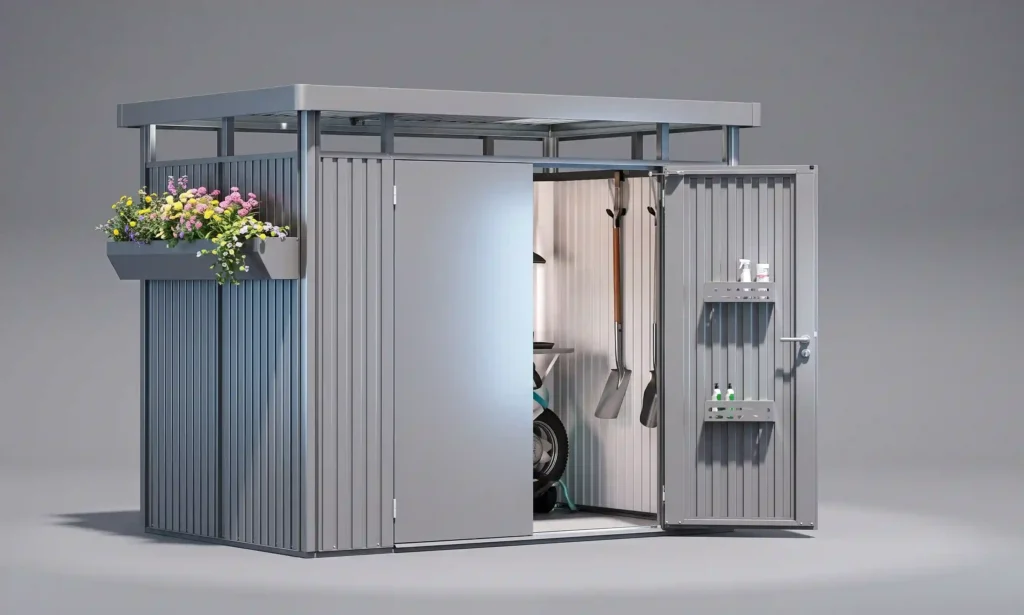Zero-maintenance metal storage shed manufactured with hot-dipped galvanized steel and concealed security hardware.