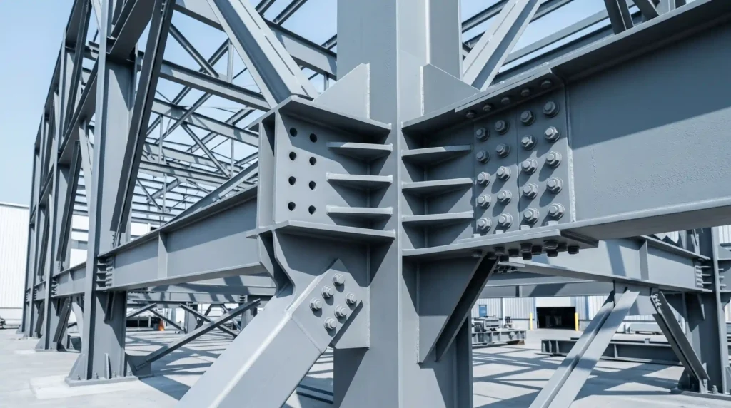 Heavy industrial structural steel framework with high-load capacity and corrosion protection coating.