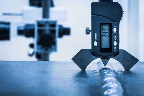 Quality control engineer measuring steel thickness with digital caliper in factory