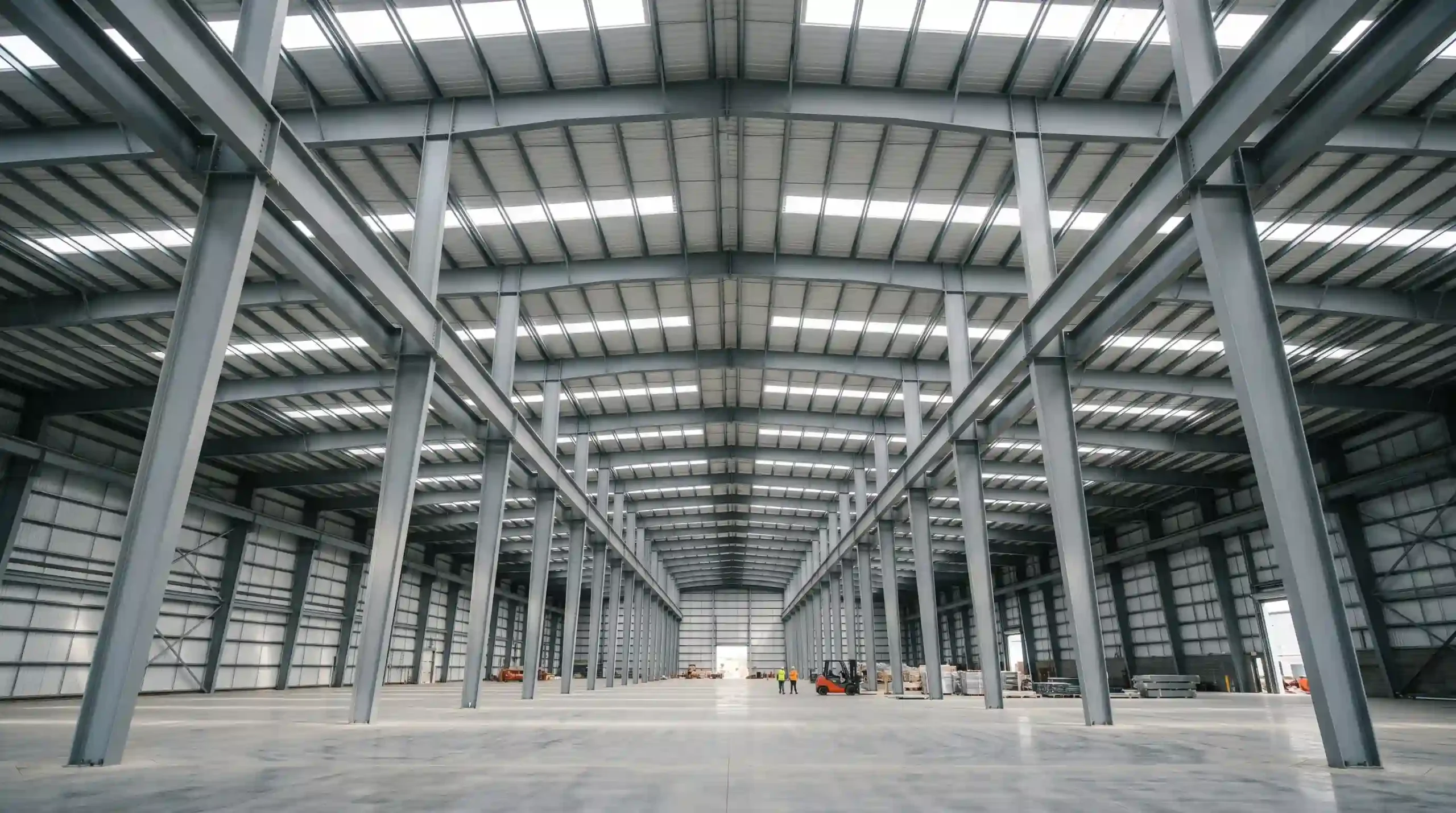 Pre-engineered building (PEB) steel structure with clear-span design, fabricated under AISC standards.