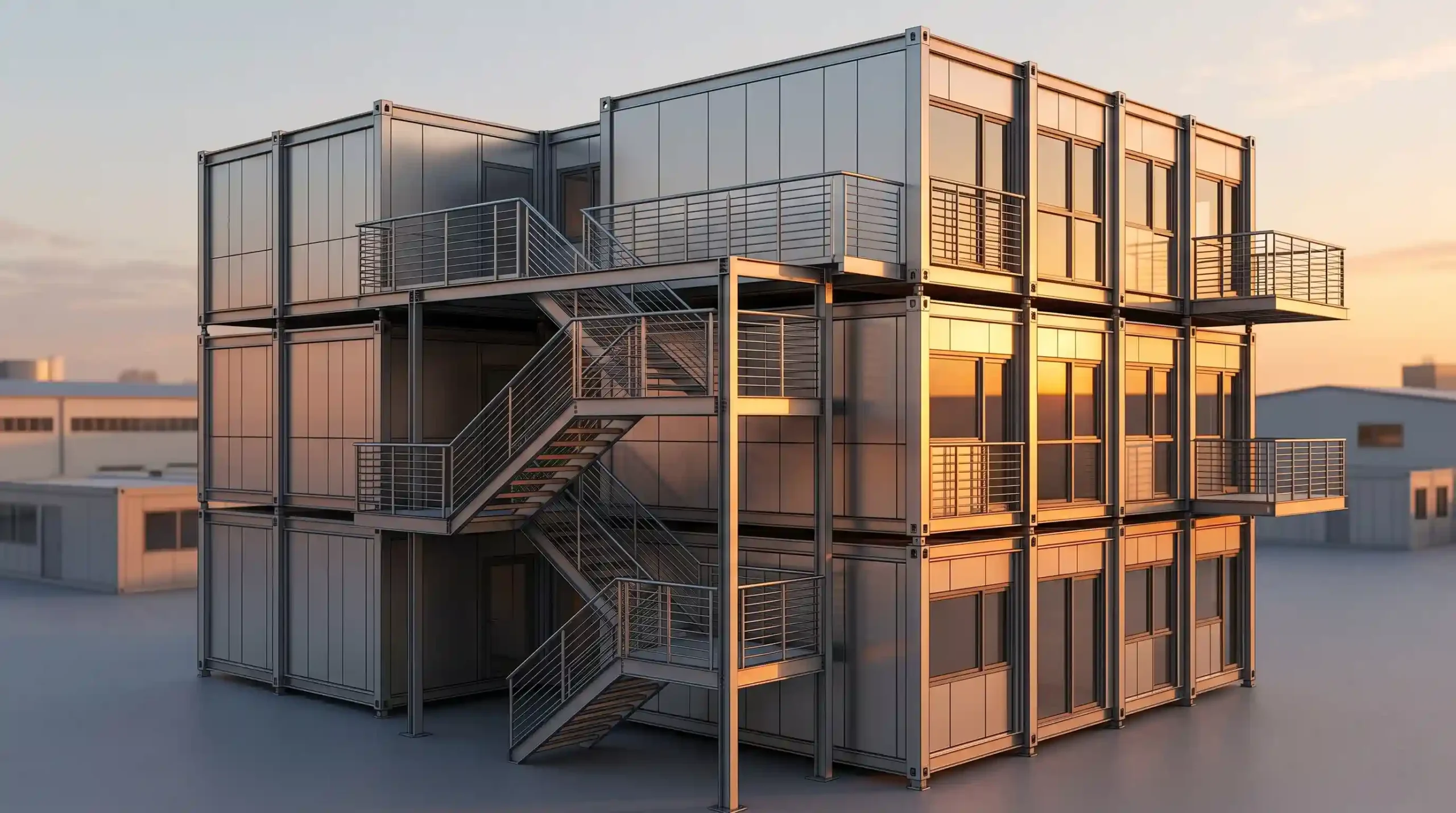 High-precision corner fitting and interlocking mechanism for secure multi-level modular building stacking.