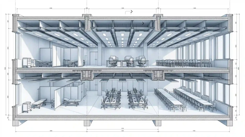 High-precision corner fitting and interlocking mechanism for secure multi-level modular building stacking.