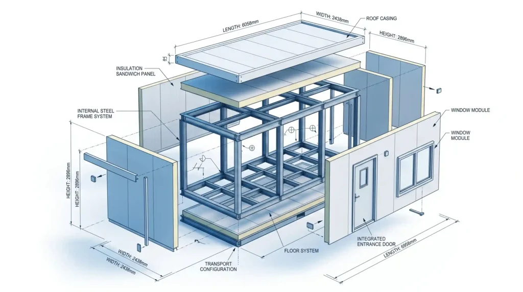 High-precision corner fitting and interlocking mechanism for secure multi-level modular building stacking.