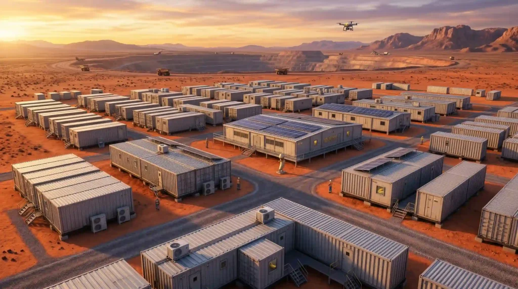 Prefabricated modular site office complex engineered for rapid deployment and harsh environmental conditions.